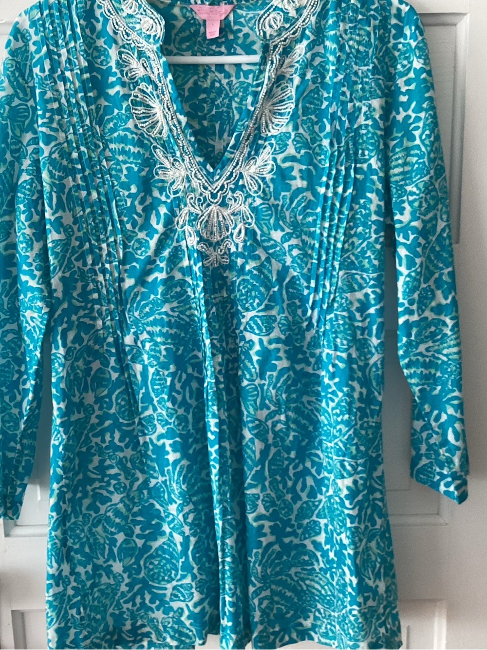 Lilly Pulitzer Turquoise & White Embroidered V-Neck Tunic Top